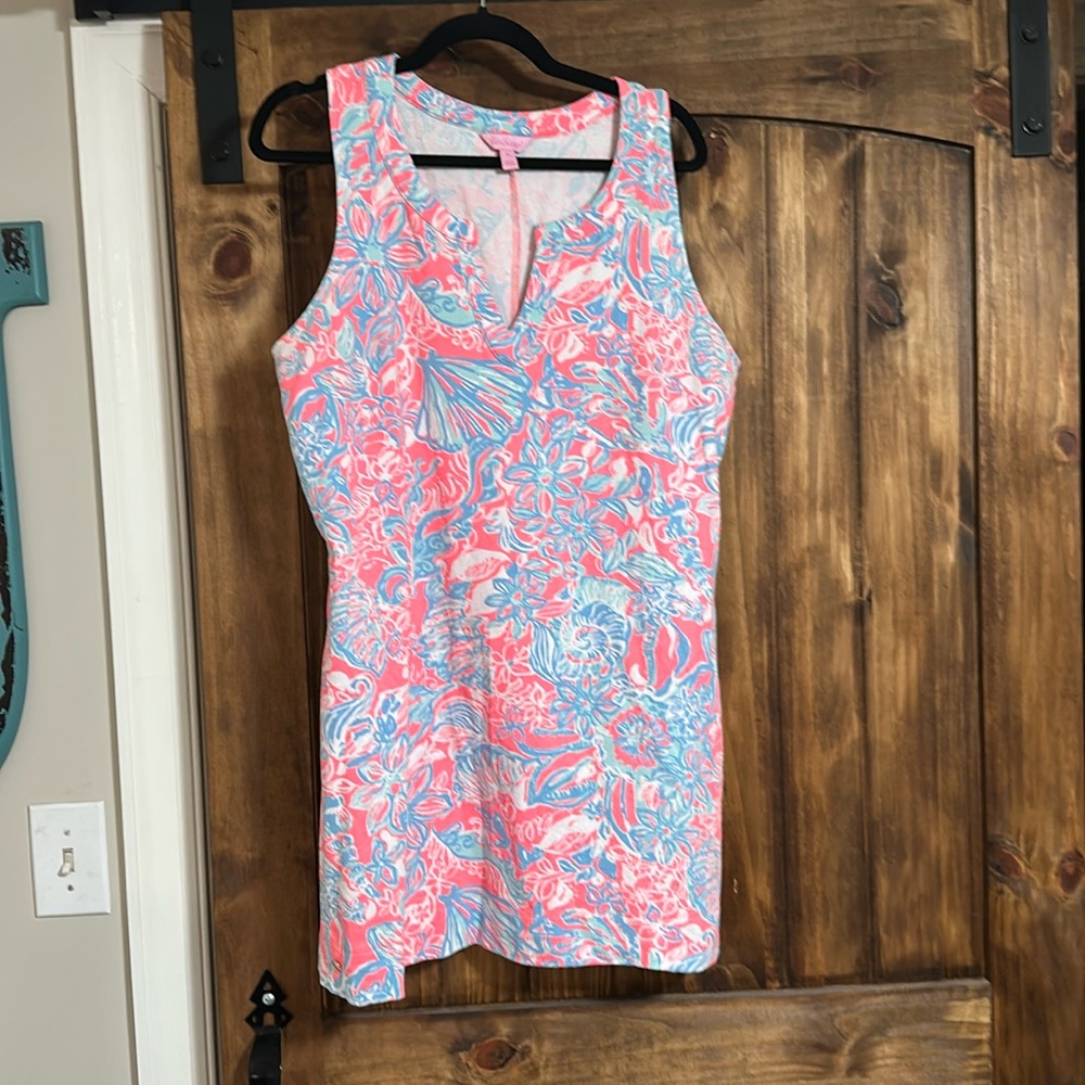 Lilly Pulitzer Coral Pink & Light Blue Printed Midi Dress